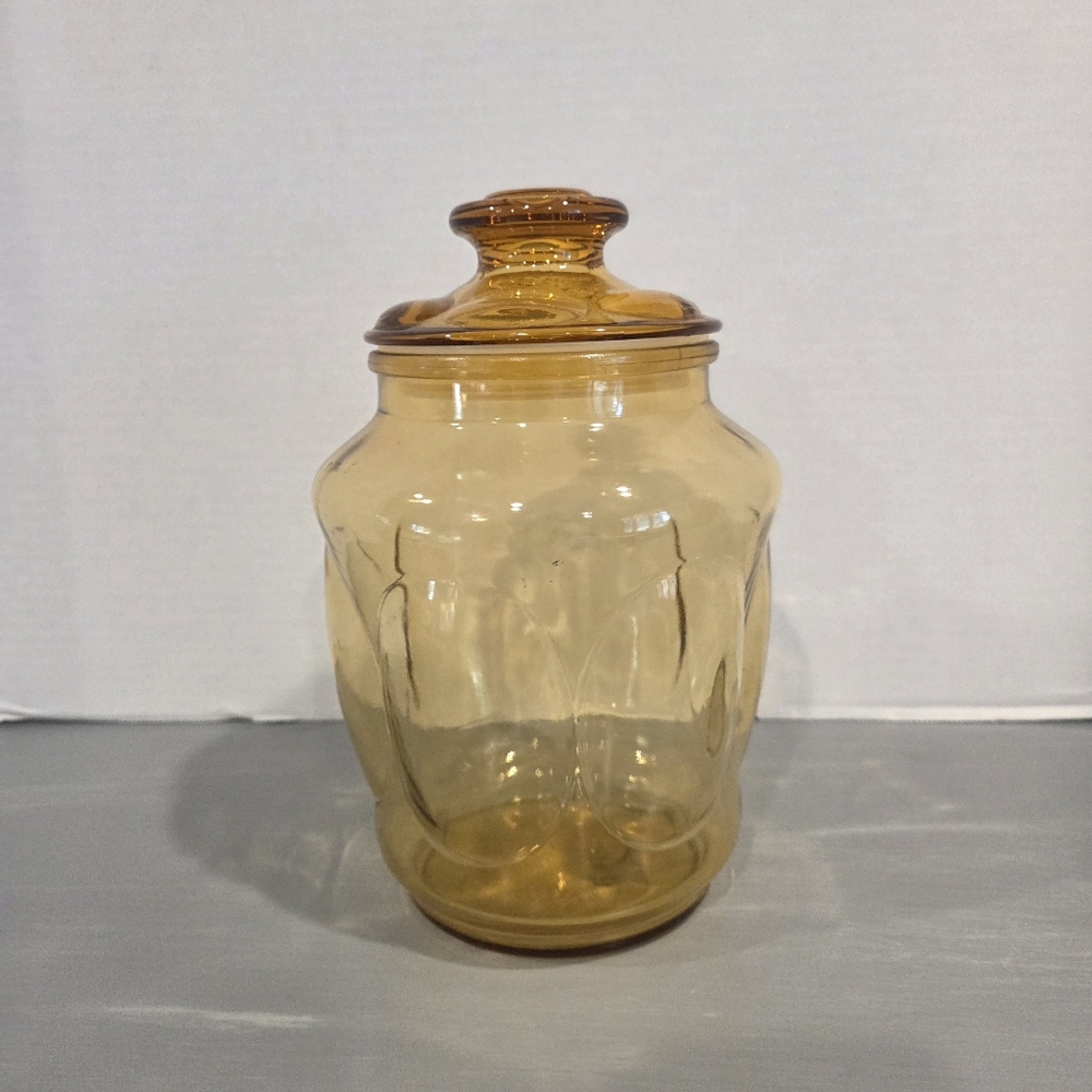 Vtg Apothecary Jar Lid  L. E Smith  Amber Gold 9” Thumbprint Canister Bubble